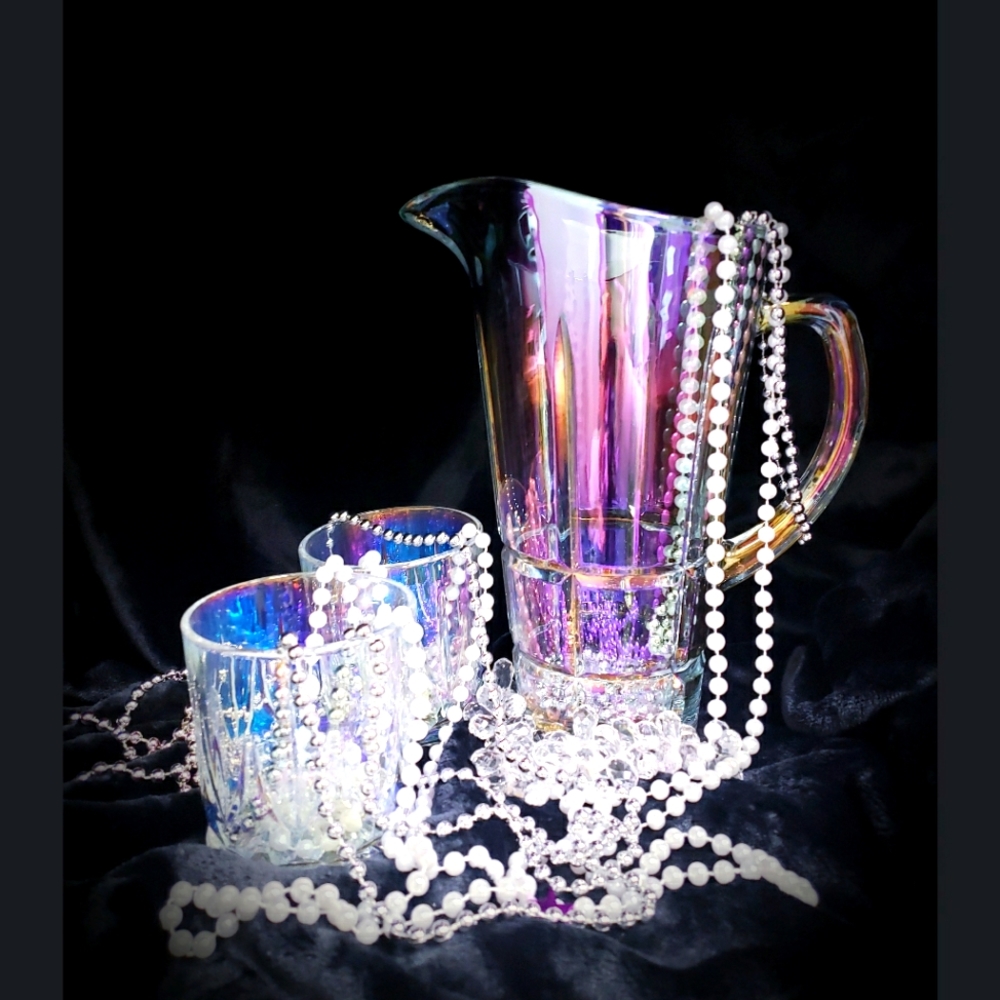 🎉 Iridescent Leaded Glass Pitcher/4 Tumblers